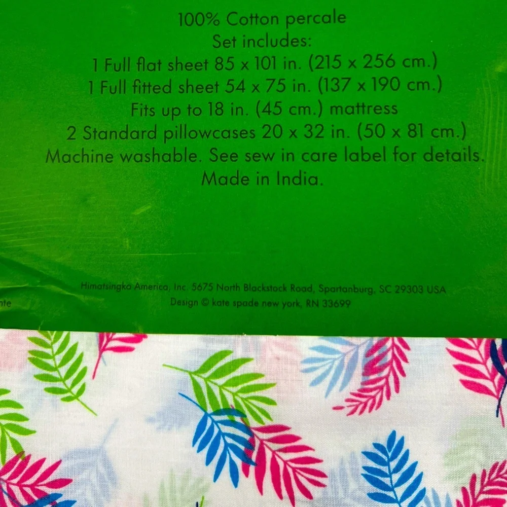 Kate Spade - ‘Tropical Leaf’ Full Sheet Set. NWT. Firm!